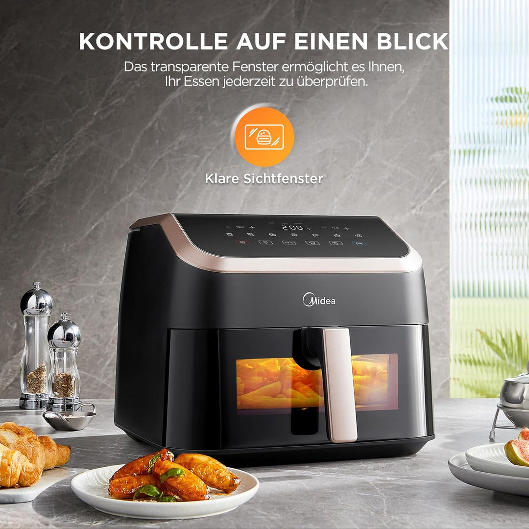 Midea Heissluftfritteuse XXL AirFryer 8.5L, 8-in-1 Heissluftfritteuse mit Sichtfenster, Extra breite