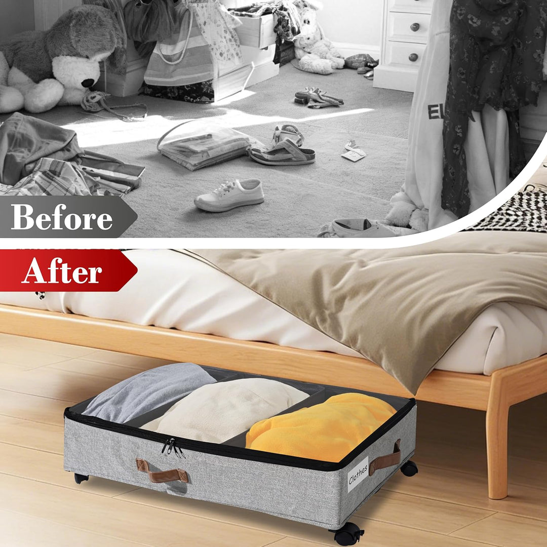 2 Stück Unterbett Aufbewahrungsbox 50L Unterbettkommode mit Rollen & Verstellbar Trennwand Bettkaste