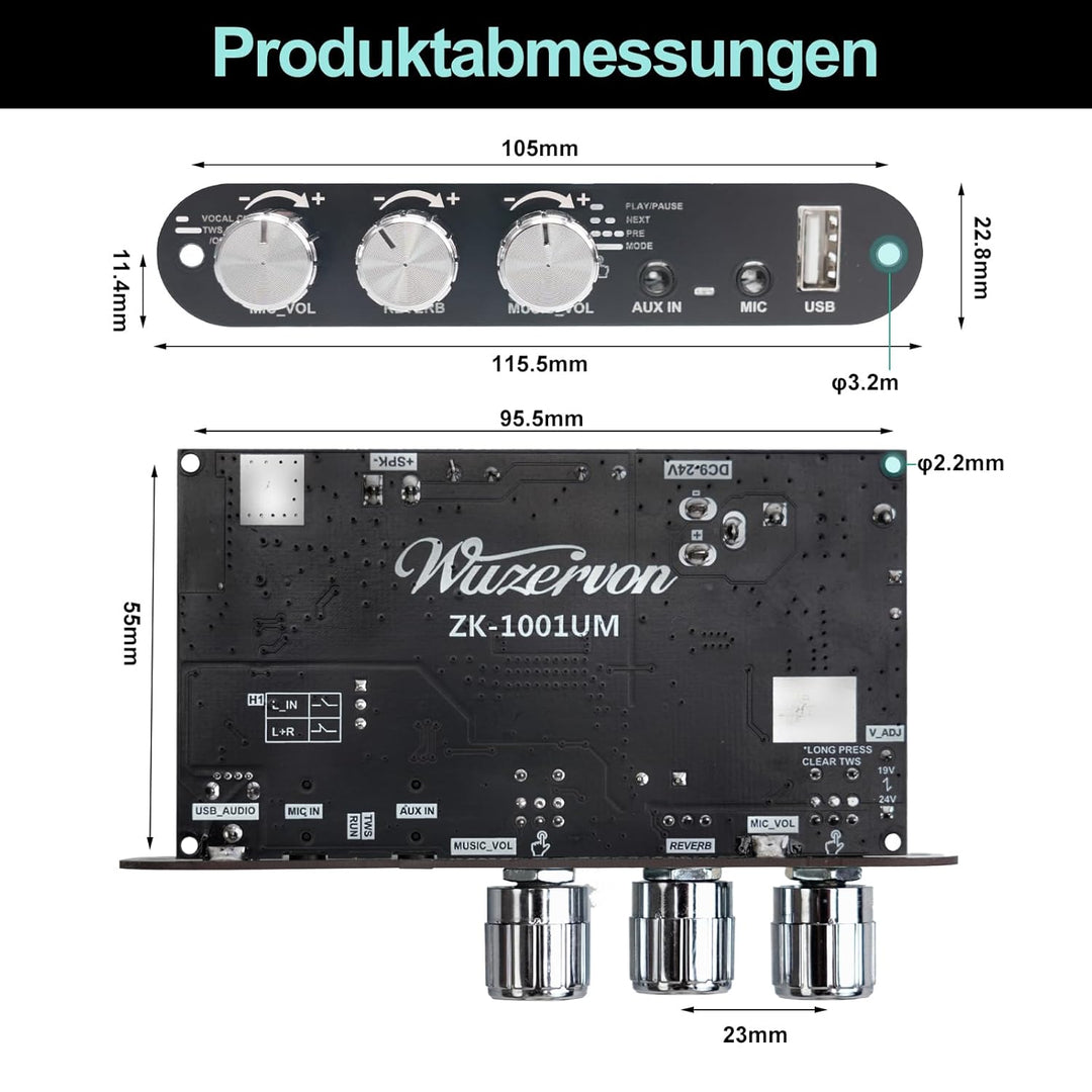 Bluetooth 5.3 Mono Verstärker Board Modul, 100W Audioverstärker mit Echo & EQ-Regelung, TWS-Pairing
