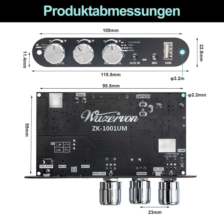 Bluetooth 5.3 Mono Verstärker Board Modul, 100W Audioverstärker mit Echo & EQ-Regelung, TWS-Pairing