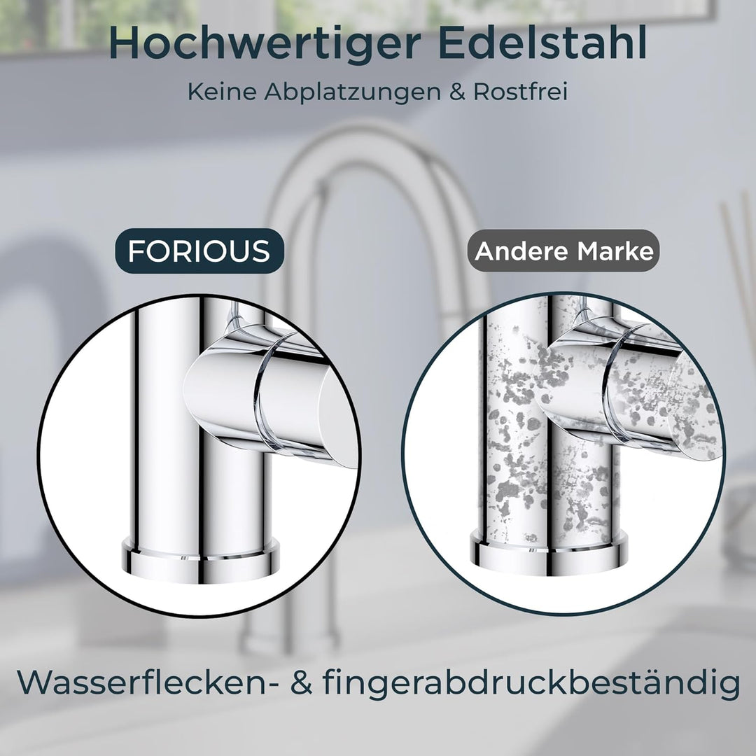 FORIOUS Wasserhahn Bad mit Ausziehbarer Brause, Edelstahl Waschtischarmatur Hoch mit 2 Strahlarten,