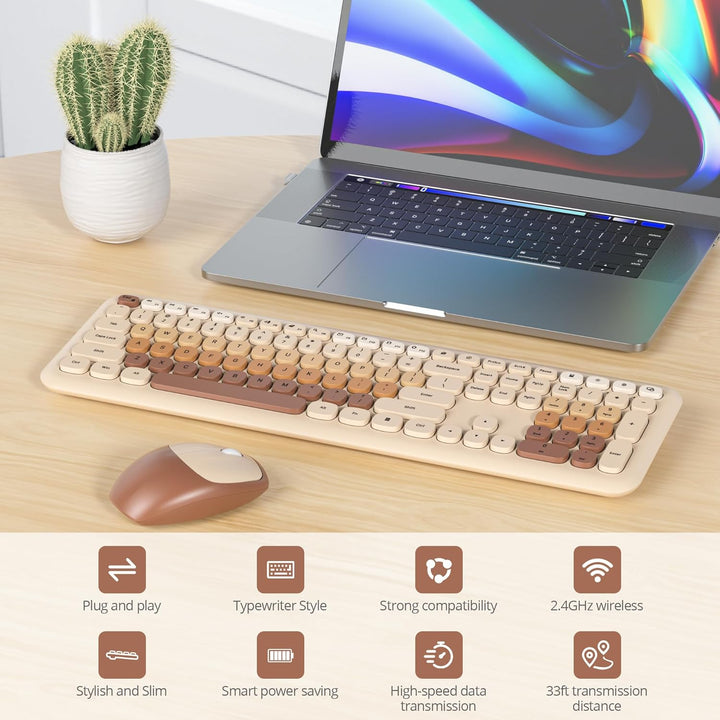 SOLIDEE Buntes kabellose Tastatur und Maus-Kombination,2.4GHz Retro Schreibmaschine Tastatur,104 Tas