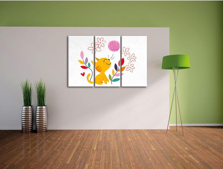 Pixxprint Niedliche Katze mit Wollknäuel weiss 3-Teiler Leinwandbild 120x80 Bild auf Leinwand