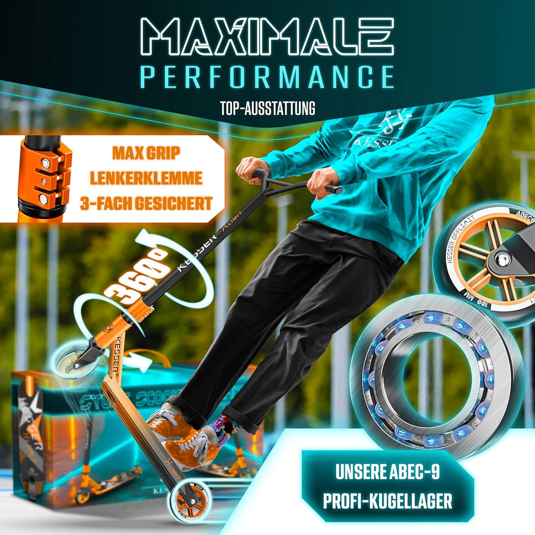 KESSER® Stunt Scooter X-Limit - 360° Lenkung Robuster Funscooter Stuntscooter mit ABEC 9 Kugellagern