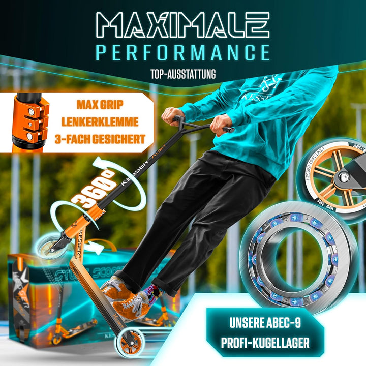 KESSER® Stunt Scooter X-Limit - 360° Lenkung Robuster Funscooter Stuntscooter mit ABEC 9 Kugellagern