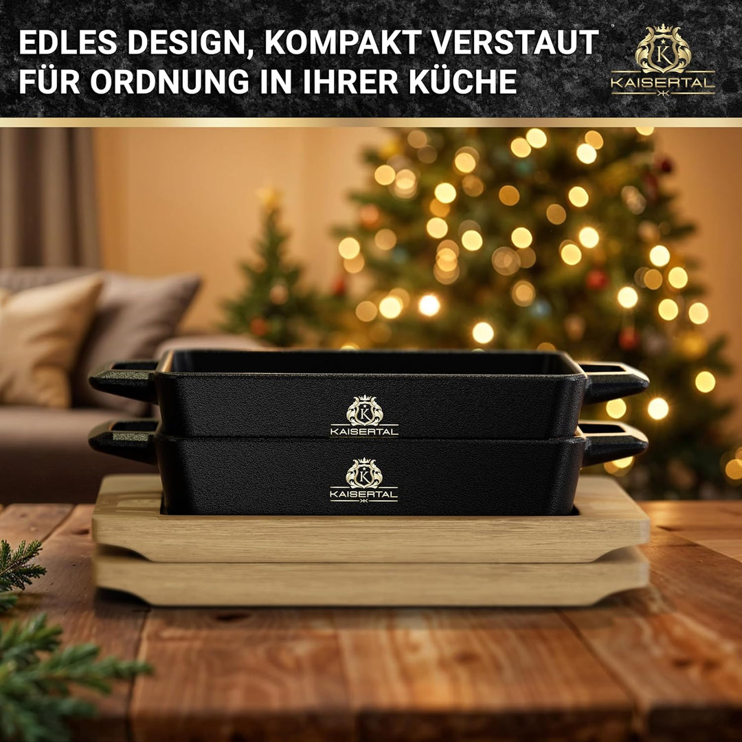 KAISERTAL Servierpfanne Gusseisen 16x11cm – Pfanne mit 2 Griffen & Holzuntersetzer – Servierpfanne K
