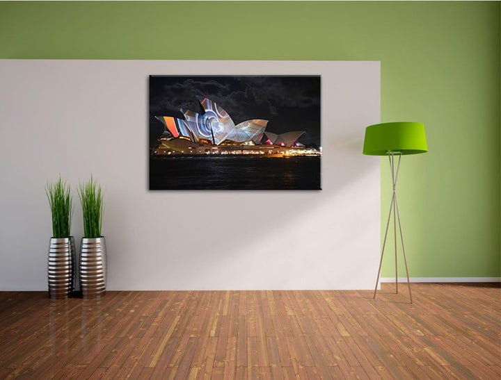 Pixxprint Dark Sydney Opera House Lichterauf Leinwand, XXL riesige Bilder fertig gerahmt mit Keilrah