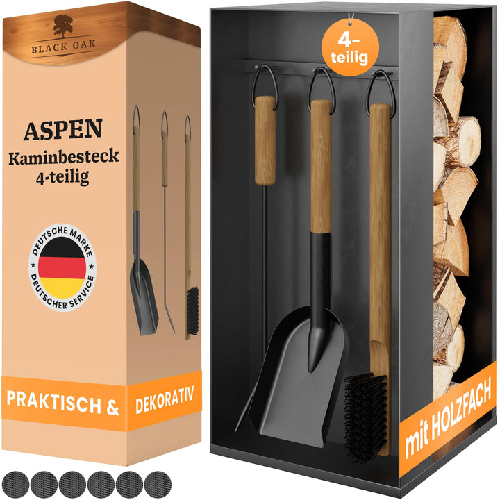 BLACK OAK Kaminbesteck ASPEN 4-teilig - praktisches & repräsentatives Ofenbesteck Set schwarz mit Ho