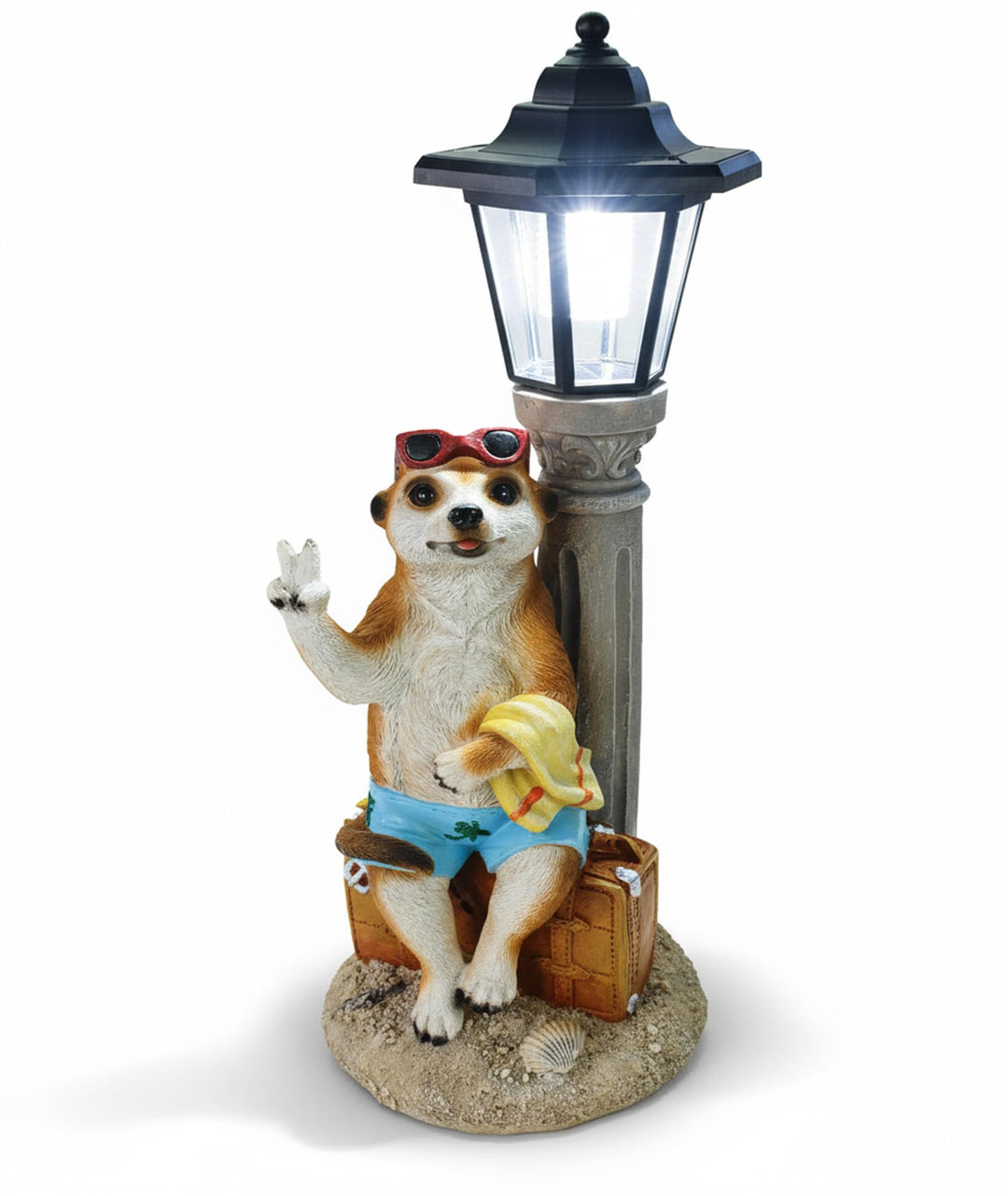 Kremers Schatzkiste Erdmännchen Urlauber mit Solarlaterne Figur Gartenfigur 45 cm Garten