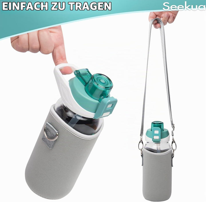 Seekua 0.6l Sport Trinkflasche Glas Flasche mit Strohhalm &amp; Zeitmarkierung für Kinder, Schule 600ml