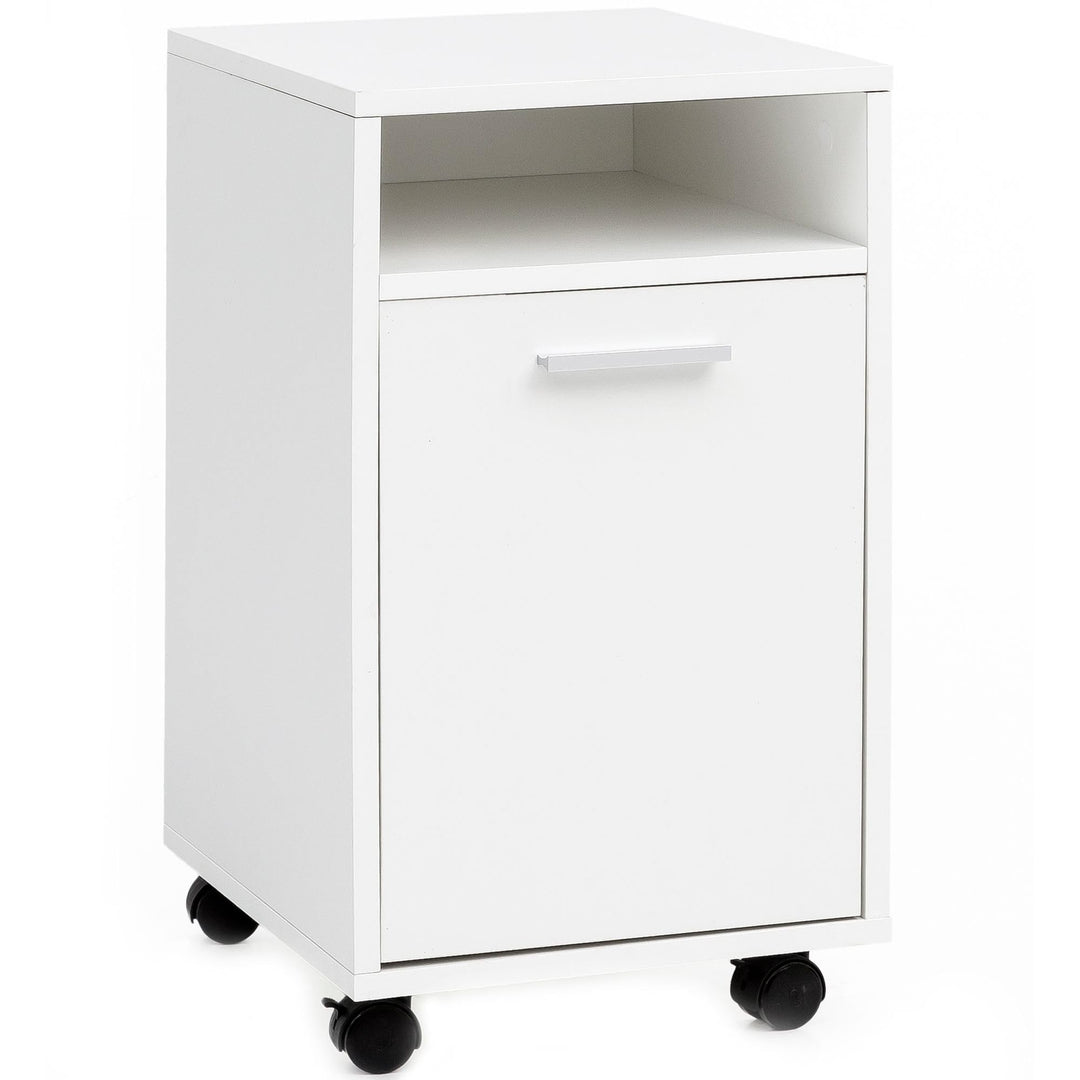 Wohnling Rollcontainer Weiss 33x60x38cm Schubladenschrank, Schreibtisch-Container mit Tür & Ablage,