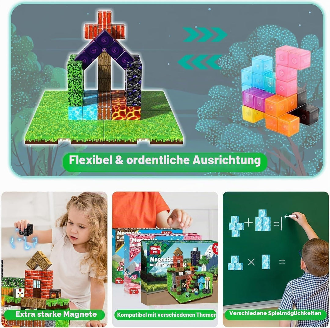 Magnetische Bausteine 150 Teile - Wald & Minentunnel Set mit 6 Grasplatten - Magnetbausteine für Jun