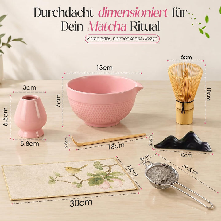 Matcha Set 7-teilig – Premium Tee Set mit Keramik Matcha Schale, Bambus Schneebesen (Chasen), Sieb &amp;