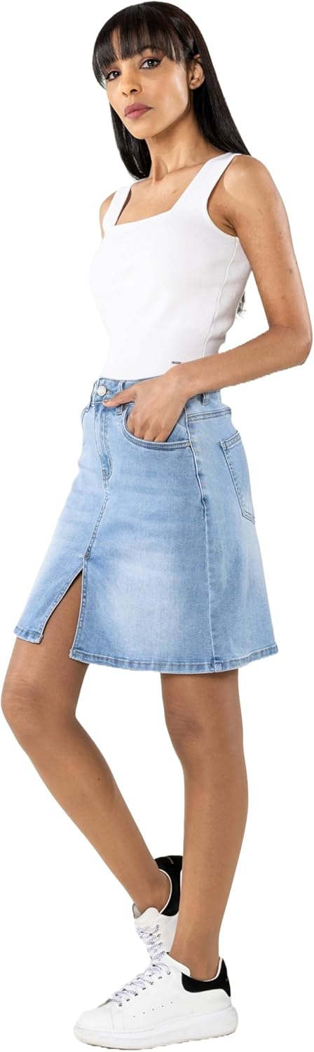 Nina Carter P213 Damen Kurzer Jeansrock mit Vorderem Schlitz Reissverschluss Stretch Used-Look Hellb