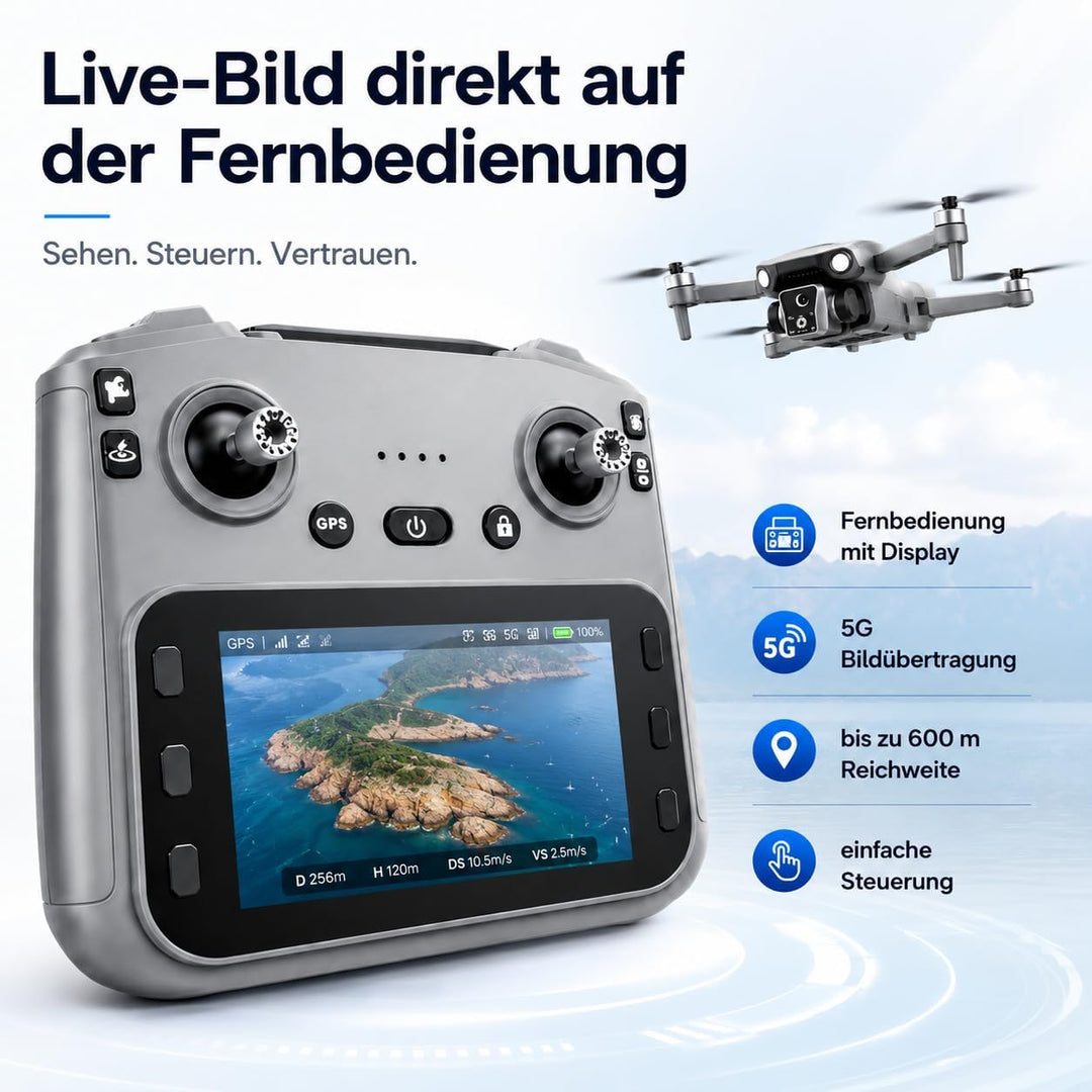 K19 GPS Drohne mit 4K Kamera, Fernbedienung mit Live-Display, 600m Reichweite, 360° Hindernisvermeid