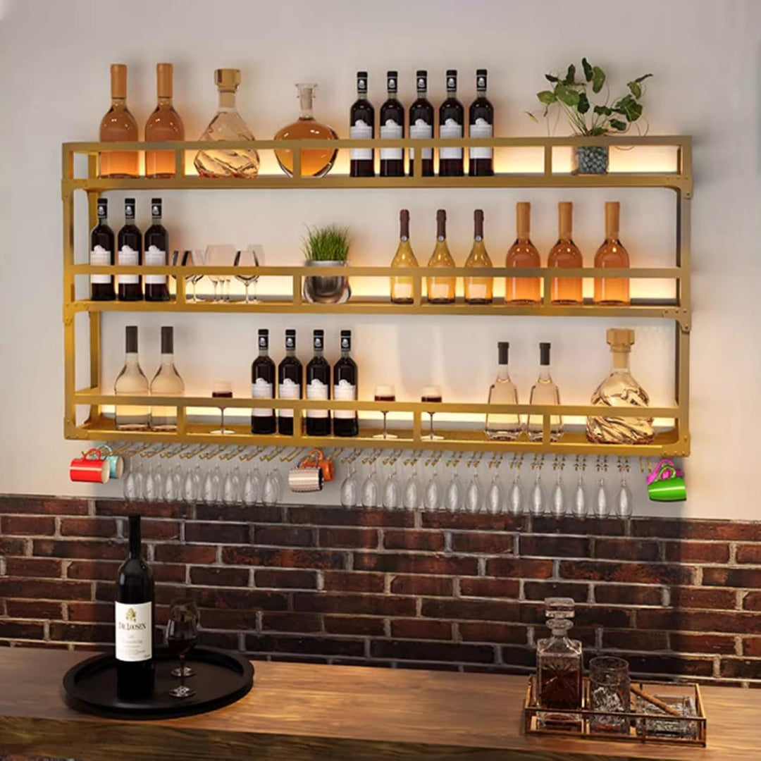 Weinregal Wand, 3 Ebenen Wand-Weinregale mit Glashalter, Multi funktionaler Weinpareite Display Rack