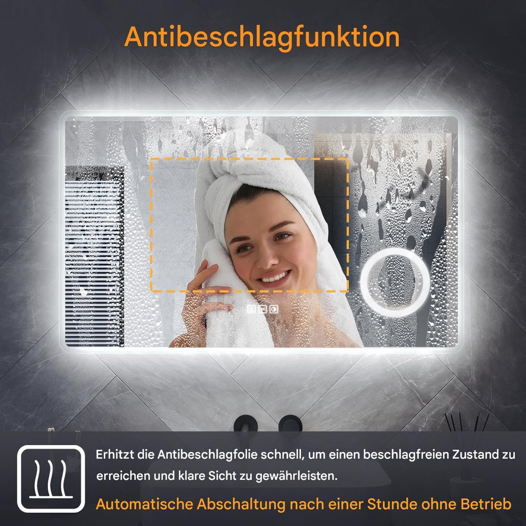 LED Badspiegel 100 x 60 cm Spiegel Bad mit Beleuchtung, 3 Farbe modi, Steckdose, 3X Lupe, Anti-Besch