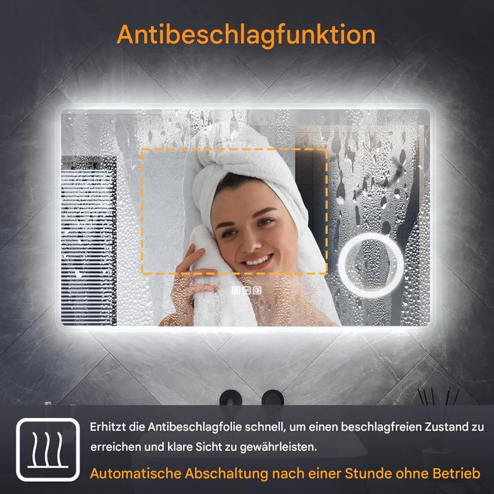 LED Badspiegel 100 x 60 cm Spiegel Bad mit Beleuchtung, 3 Farbe modi, Steckdose, 3X Lupe, Anti-Besch