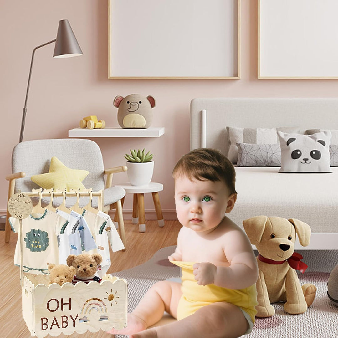 QSLKI Wooden Baby Gift Basket with Handle, Dekorative Baby Duschkorbe, Hohlmuster, Bequeme Aufnahme