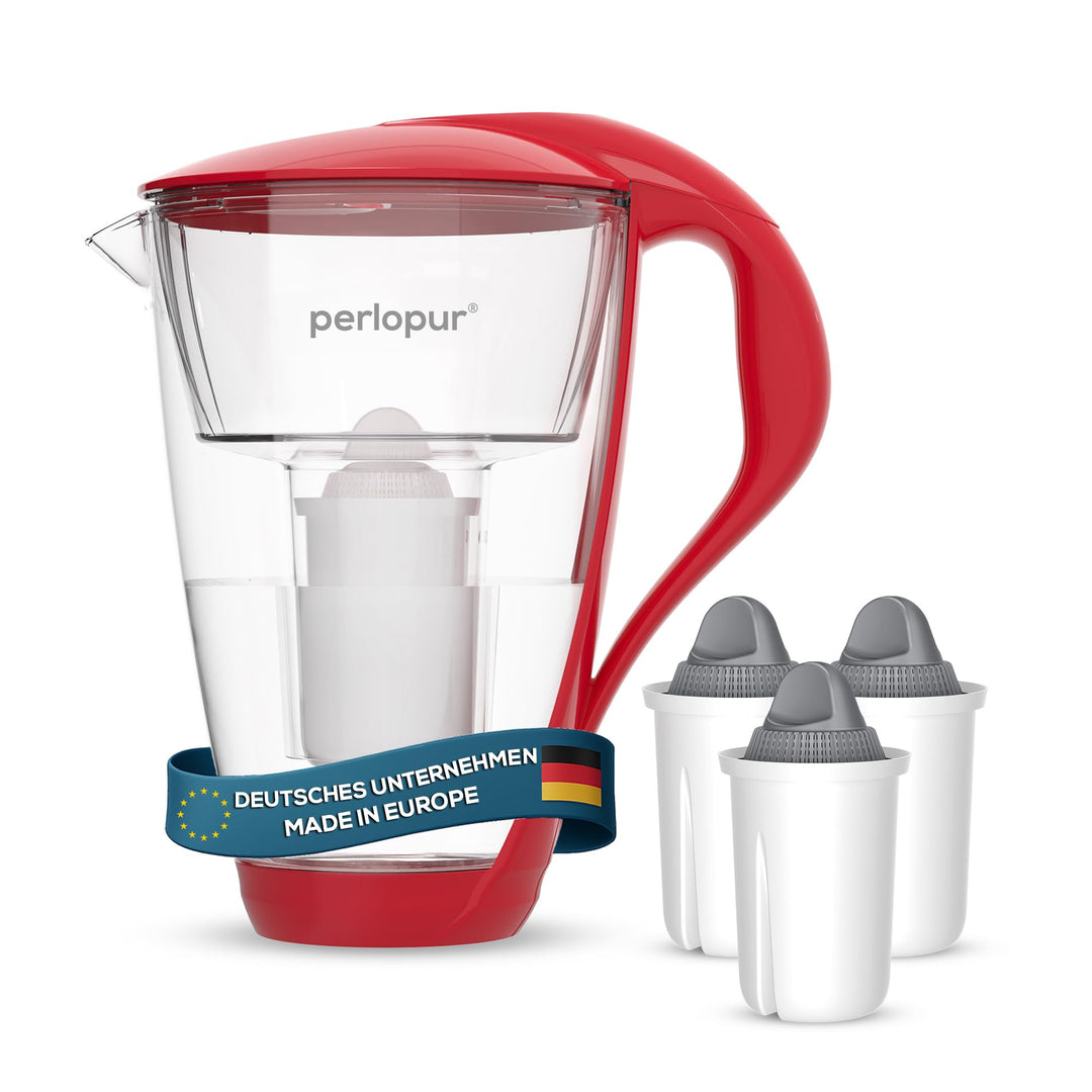 GLAS-Wasserfilter PearlCo (rot) mit 3 Protect+ classic Filterkartuschen (f. hartes Wasser) - Made in