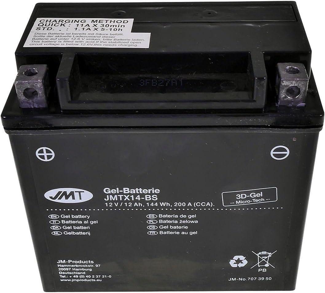JMT Batterie 12 V 14 Ah (YTX14-BS) [wartungsfrei & versiegelt] kompatibel für Piaggio/Vespa MP3 400