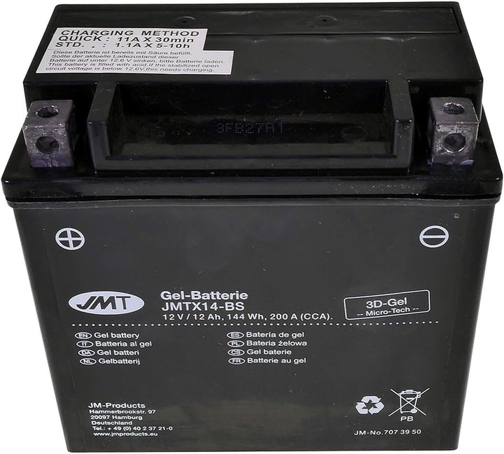 JMT Batterie 12 V 14 Ah (YTX14-BS) [wartungsfrei & versiegelt] kompatibel für Piaggio/Vespa MP3 400