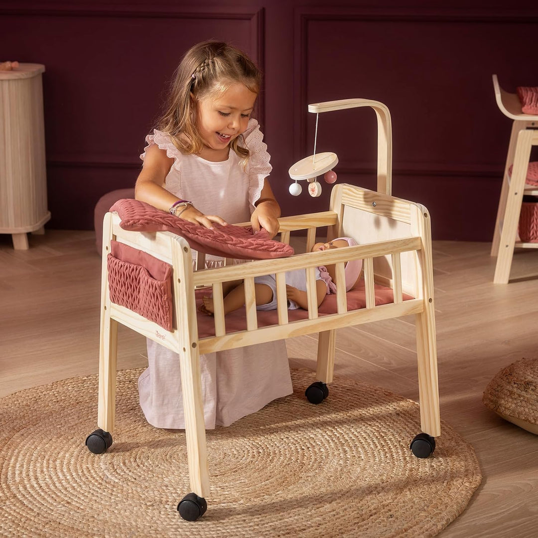 howa Puppenbett Holz Grace mit Rollen, Mobile, Matratze, Decke & Stofftasche, Puppenmöbel für Puppen