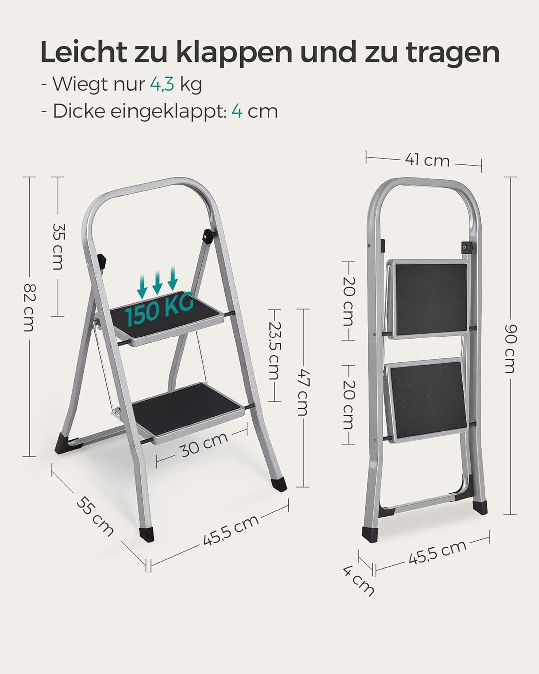 SONGMICS Trittleiter, Leiter mit 2 Stufen, Klapptritt, Klappsicherung, einfach zu verstauen, bis 150