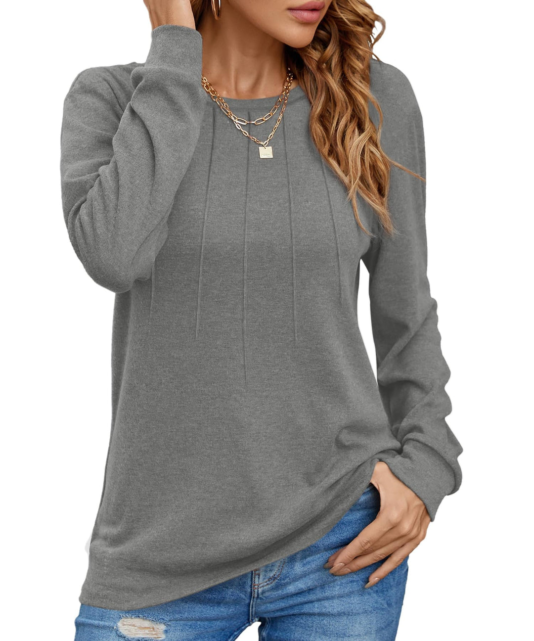 Langarmshirt Damen Rundhals Casual Locker Falten Tshirt Langarm Damen Oberteile Elegant Grau S, Grau