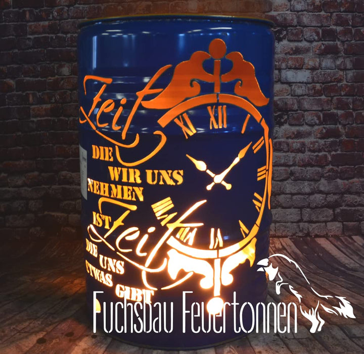 Feuertonne mit - Zeit - Motiv - Gefertigt aus 200L Ölfass - Besondere Feuerstelle für Garten und Ter