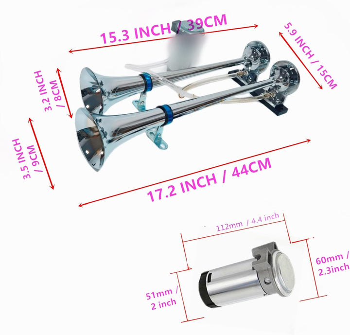 YIYIDA Air Horn Autohupe Lufthorn 12V Höhen und Bässe Doppelrohrhorn 165db Auto Lautsprecher Silber