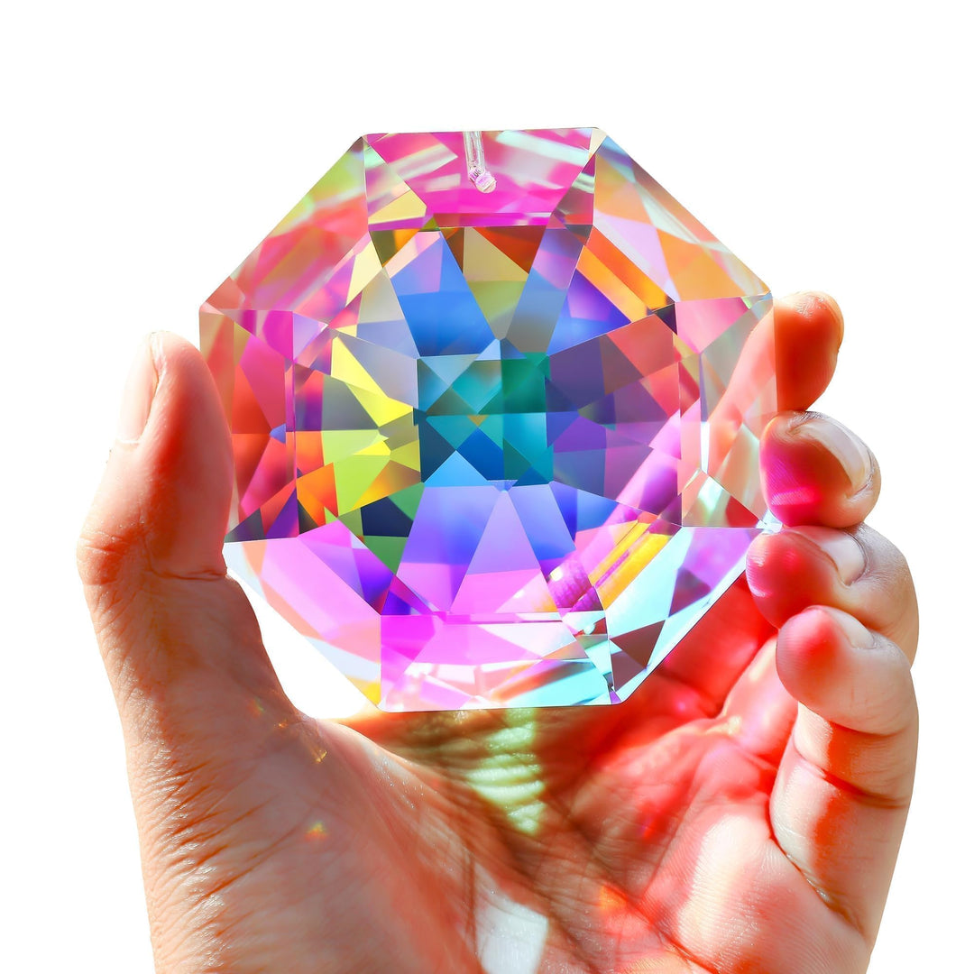 HDCRYSTALGIFTS 80mm Regenbogenprisma Sonnenfänger für das Fenster AB farbige grosse Kristalloktagonp