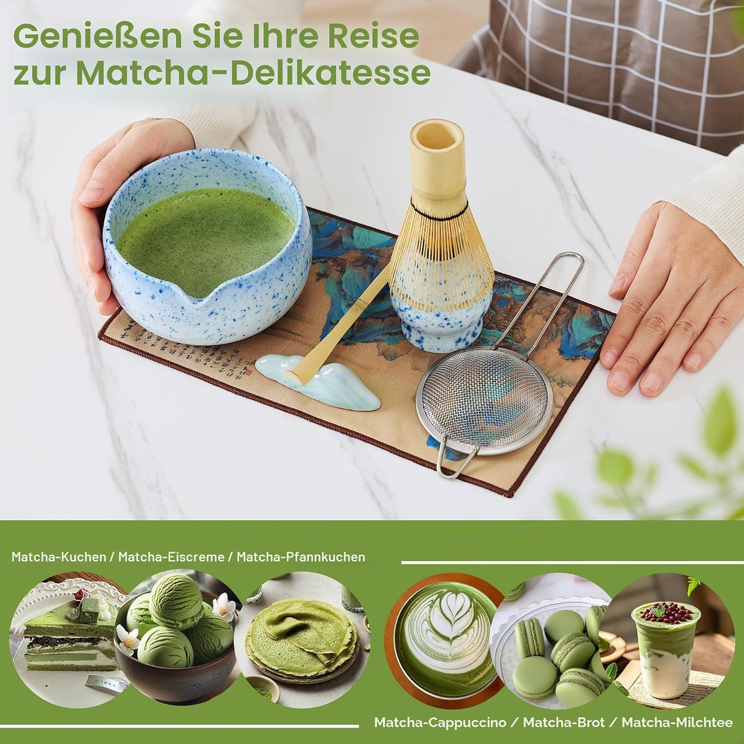 Premium Matcha Tea Set 8- piece Matcha Broom Set with Whisk, Broom Holder, Ceramic Bowl, 2 Teaspoons