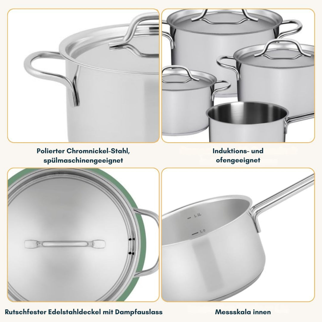 Sola Mirage Topfset Induktion - 4 Teilig, Kochtopf set mit Deckel - 18/10 Silberweissem Edelstahl -