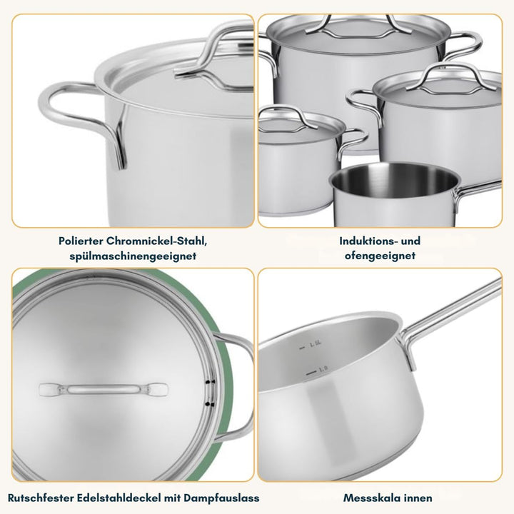 Sola Mirage Topfset Induktion - 4 Teilig, Kochtopf set mit Deckel - 18/10 Silberweissem Edelstahl -
