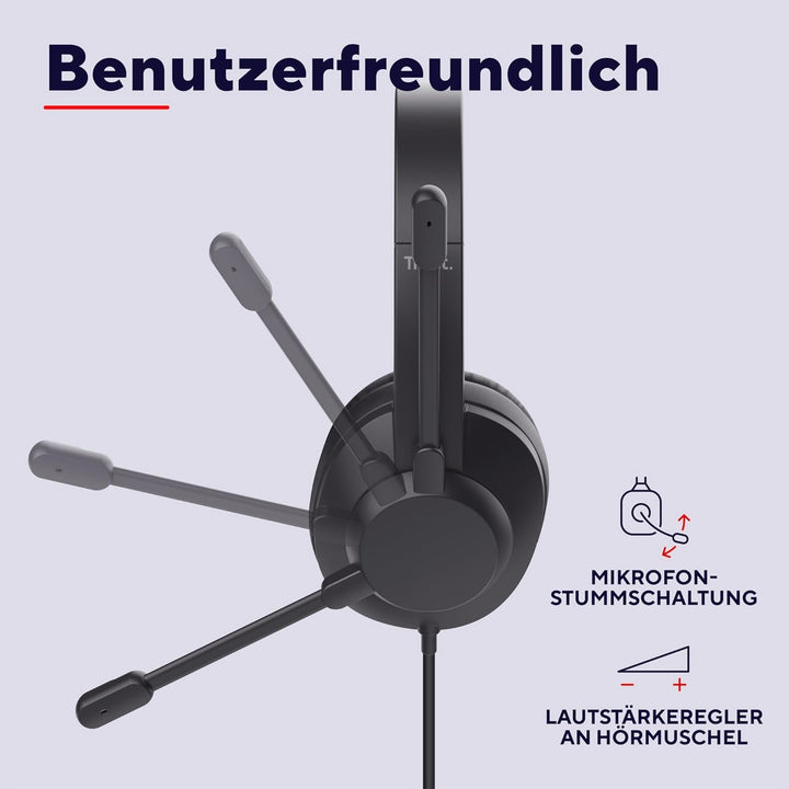 Trust Roha II Max USB Headset mit Mikrofon Over-Ear, USB-C, Schwarz | Kopfhörer mit Kabel 180 cm, 85