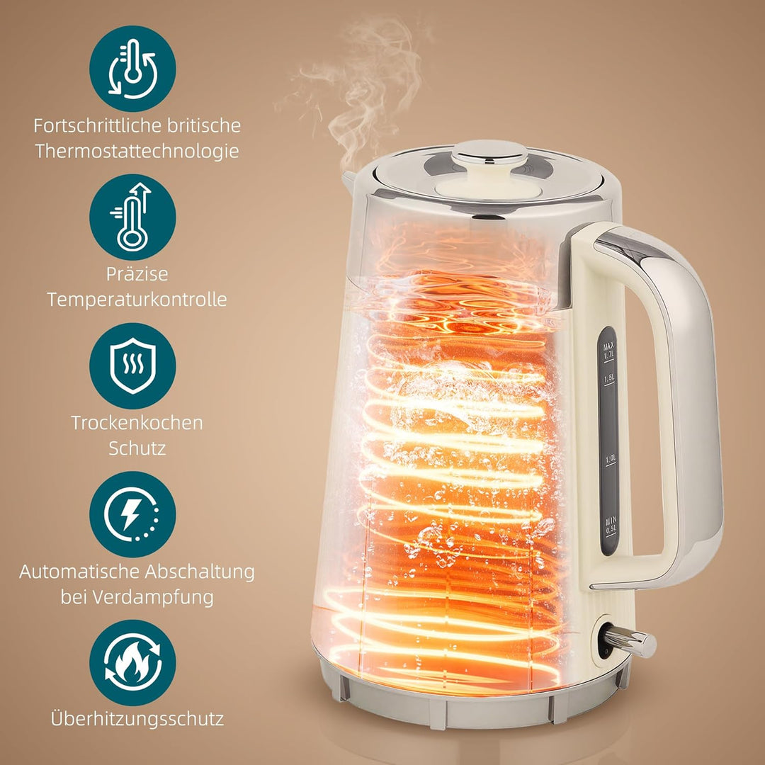 HOMCOM Wasserkocher Toaster Set 1,7L 2200W Schnell Wasserkocher mit Edelstahl-Innenraum, Kalkfilter,