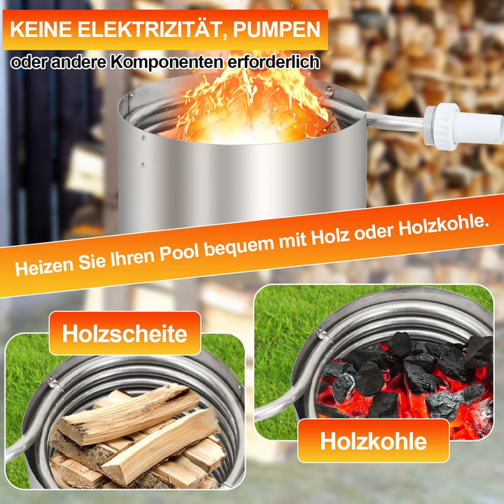 Poolheizung mit Feuer 2 Sets, Poolheizung Feuertonne mit Heizspirale, 32-38mm Anschlüsse, Poolofen H