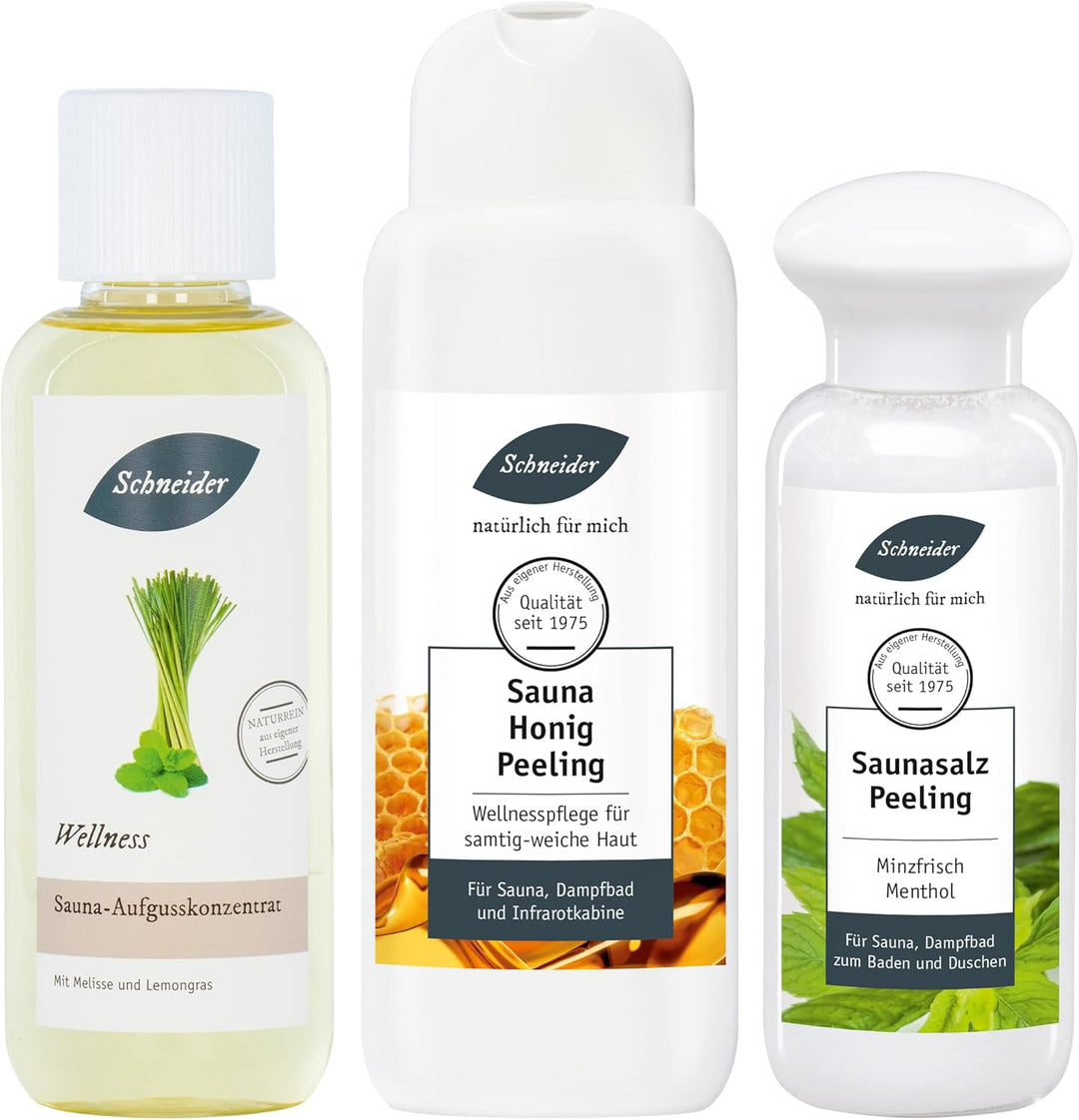 Saunabedarf Schneider - Sauna-Set für Geniesser - 250 ml Aufguss, 300 g Saunasalz, 250 g Sauna-Honig