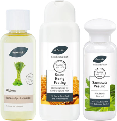 Saunabedarf Schneider - Sauna-Set für Geniesser - 250 ml Aufguss, 300 g Saunasalz, 250 g Sauna-Honig