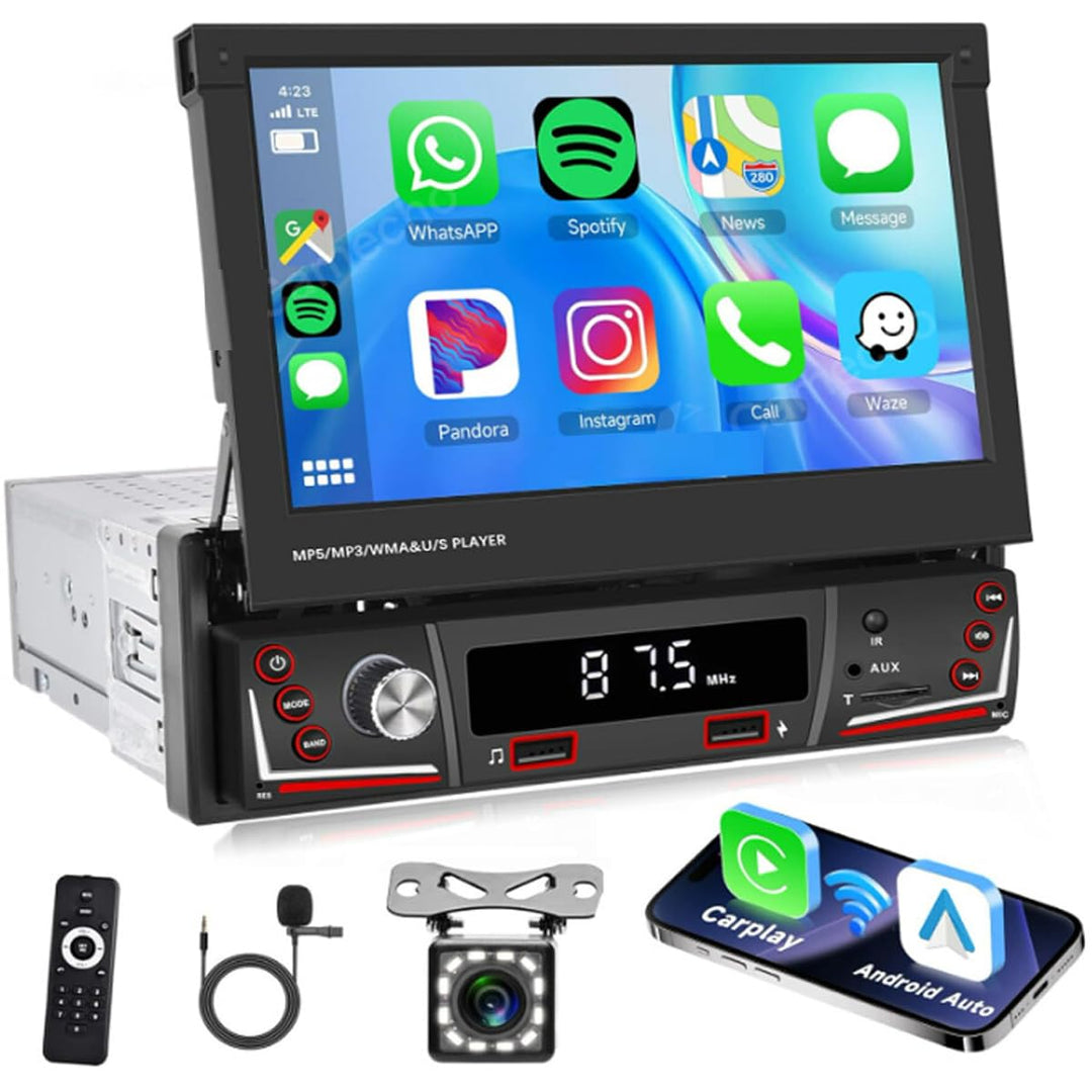 Hikity AM FM Autoradio 1 Din Wireless Carplay Android Auto, Touch Screen 7 Zoll Ausfahrbarem Display
