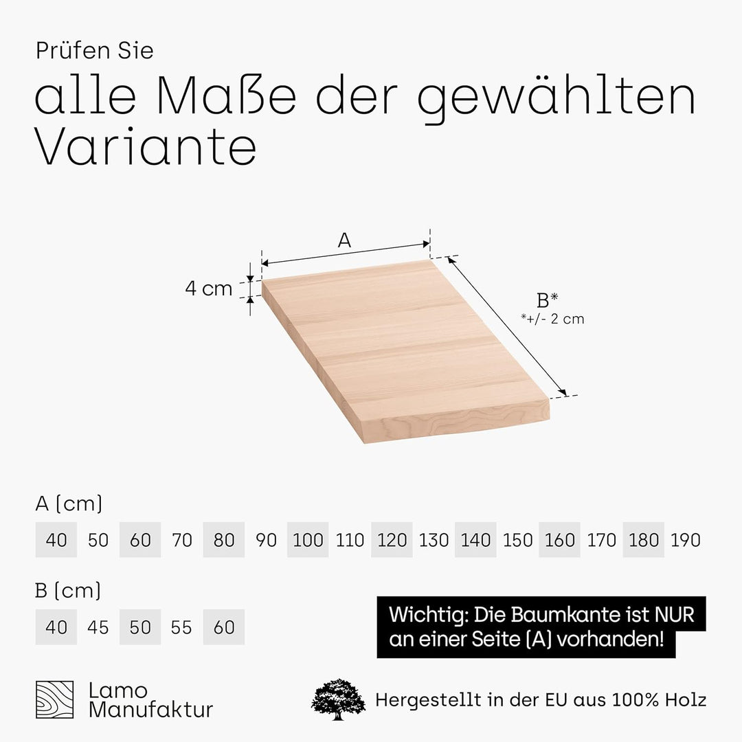 LAMO Manufaktur Waschtischplatte, Holzplatte Waschtisch Baumkante, 50x55 cm (AxB), Roh, ohne Montage