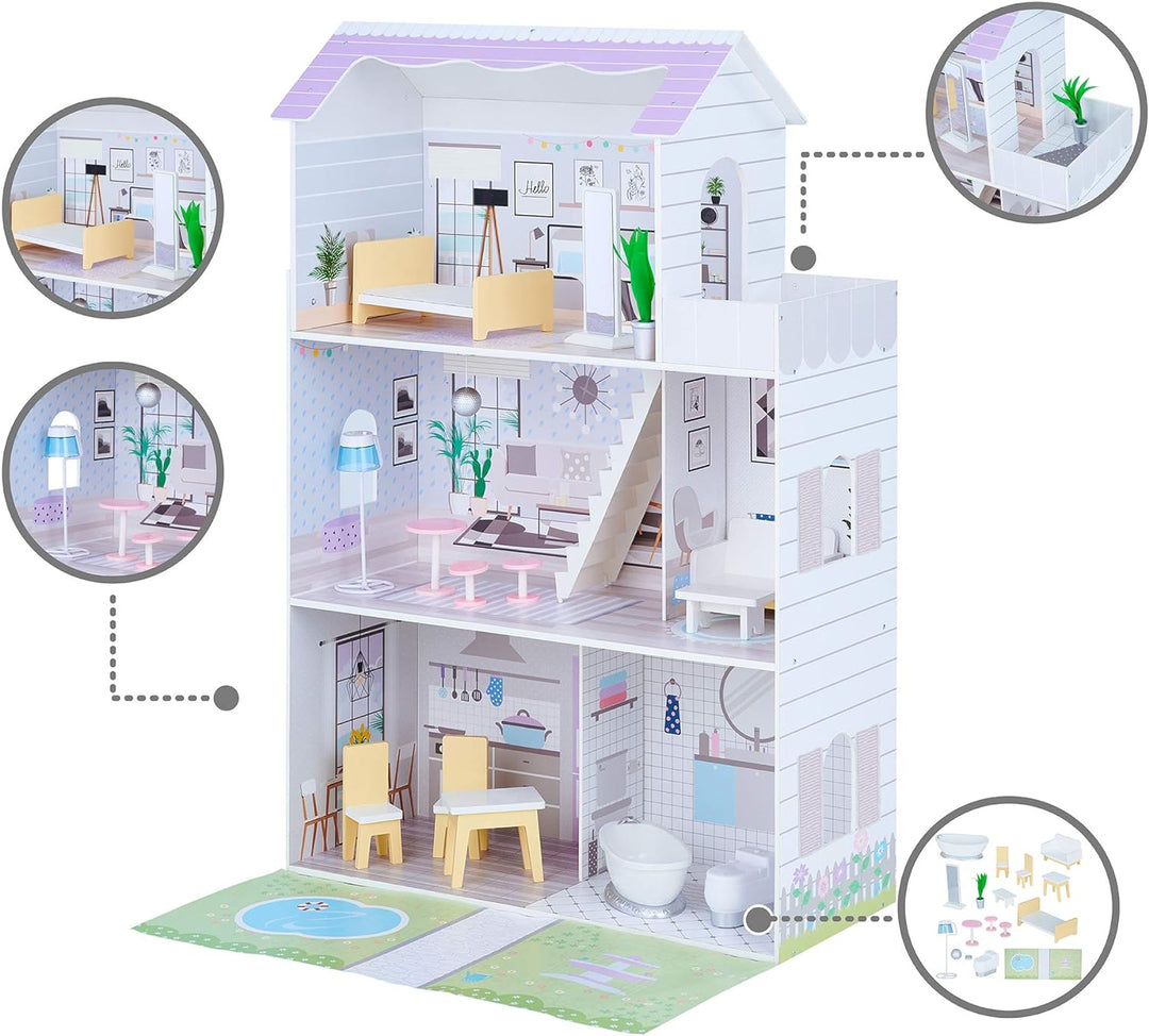 Teamson Kids Olivia’s Little World Grand Kinder-Puppenhaus aus Holz mit 3 Ebenen mit Garten und 16 i