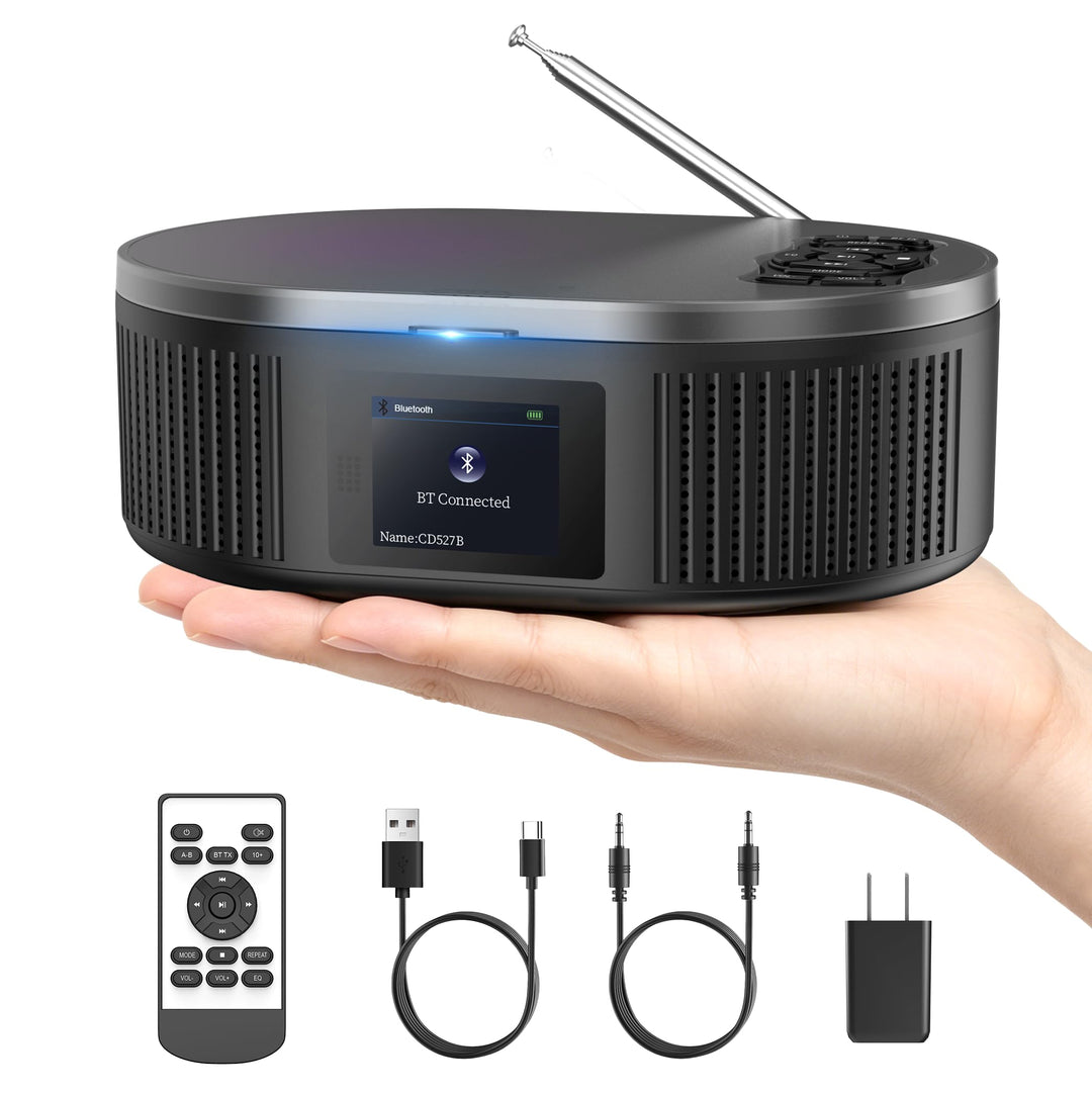 Desobry Tragbarer CD-Player mit Bluetooth, Grossem LCD-Display, Akku, Lautsprecher, AUX, USB, UKW-Ra