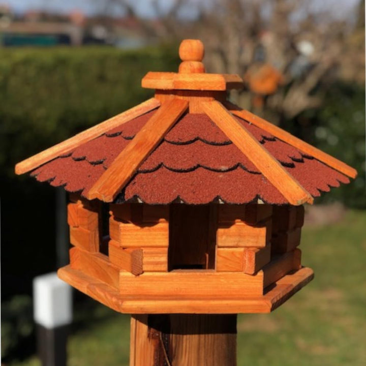 Handgefertigtes Sechseck Vogelhaus aus Holz wetterfest M - XXL wahlweise mit und ohne Ständer, Futte
