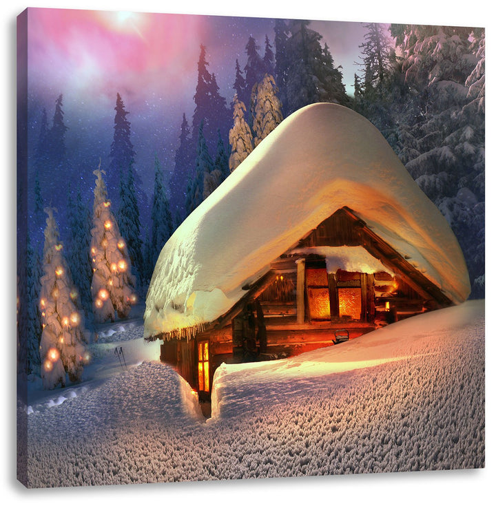 Pixxprint Hütte in Schneelandschaft / 70x70cm Leinwandbild bespannt auf Holzrahmen/Wandbild Kunstdru
