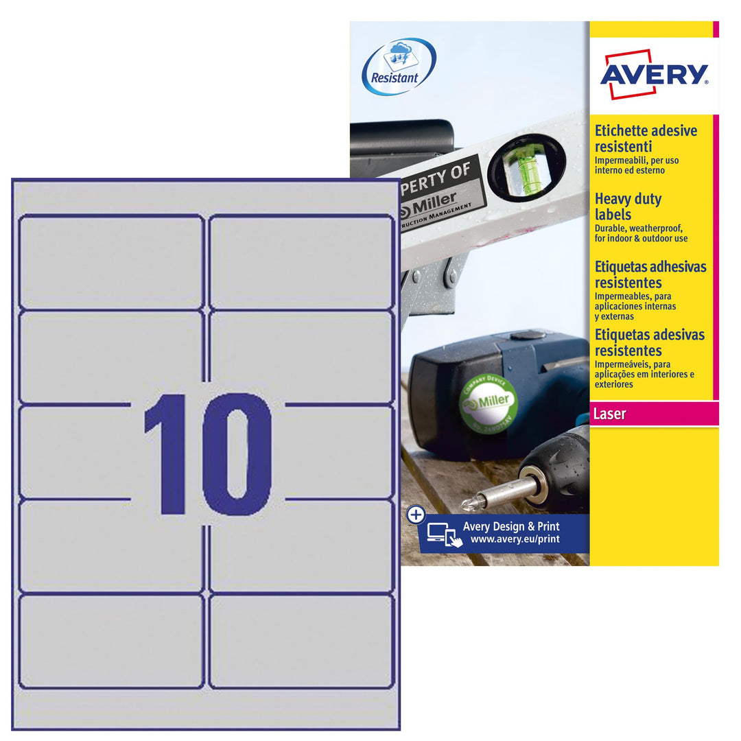 Avery  L6012 – 20 – Pack von 20 Blatt Polyester-Etiketten, 25,4 x 10 mm, silber 96 x 50.8 mm silber