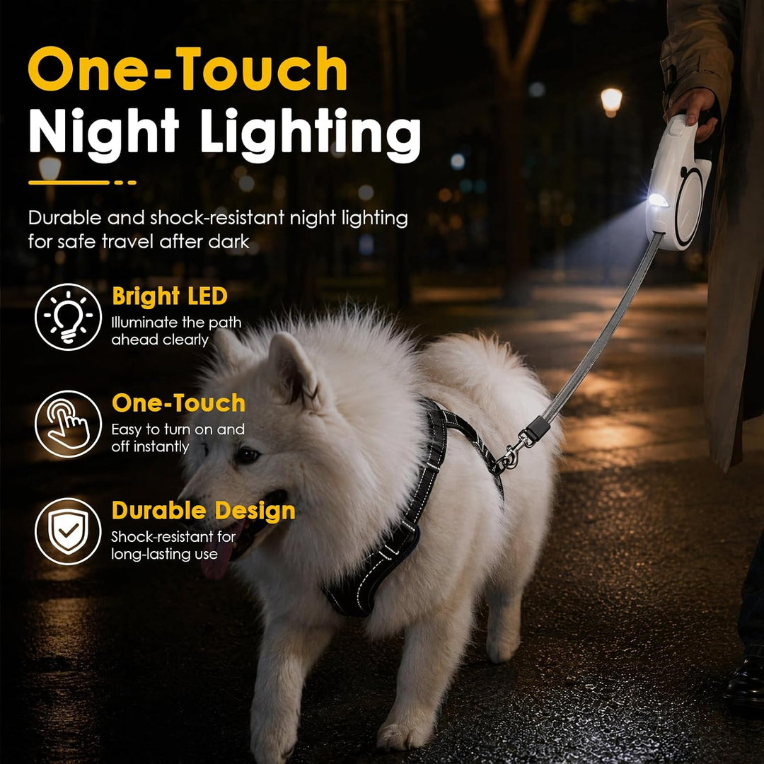 Hundeleine 5m, Ausziehbare Rollleine für Hunde mit LED-Licht und Kotbeutelhalter, 360° Verknotungsfr