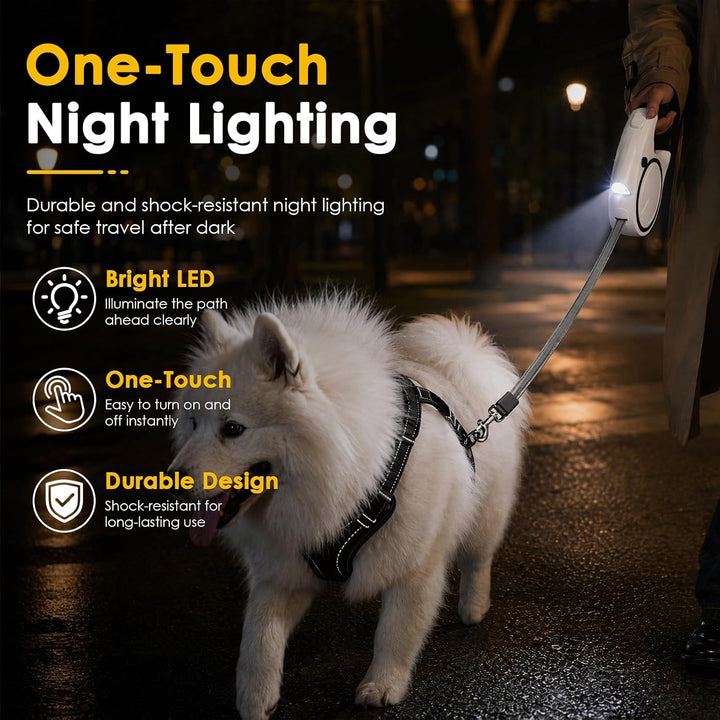 Hundeleine 5m, Ausziehbare Rollleine für Hunde mit LED-Licht und Kotbeutelhalter, 360° Verknotungsfr