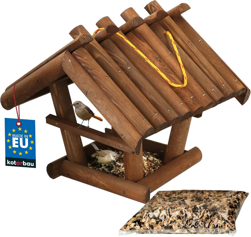 KOTARBAU® Holz Vogelfutterhaus Klein aus Natürlichem Holz Dunkelbraun zum Aufhängen + 0,5 kg Futter